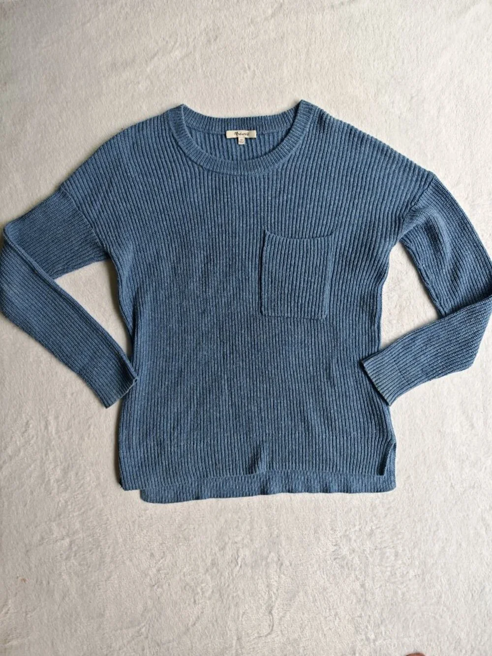 Madewell Blue Ribbed Knit Sweater XS Crewneck Pocket Soft Cozy Aesthetic Minimal - Picture 2 of 9